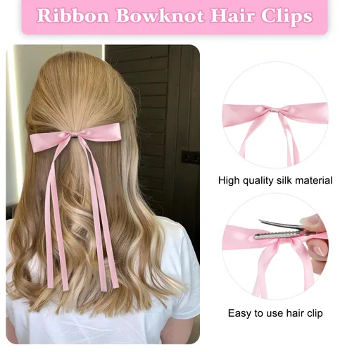 Miniatura 4 de 8 pinzas de lazo para el pelo para mujeres, niñas, cinta de borla, pinzas para el pelo con cola larga, pasadores de borla de satén sedoso con cola