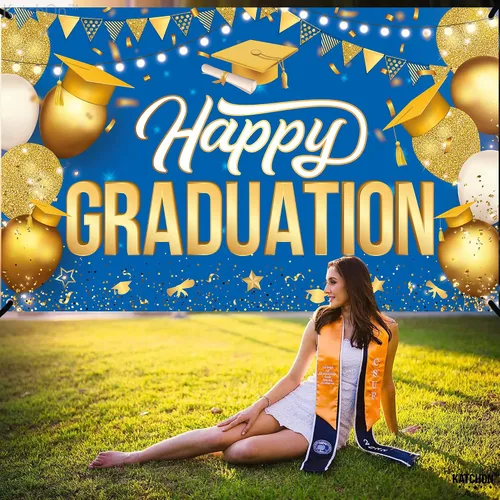 Miniatura 2 de Katchon, Cartel de feliz graduación dorado y azul – Xtralarge, 72 x 44 pulgadas Fondo de graduación 2026, decoraciones de graduación clase de 2026