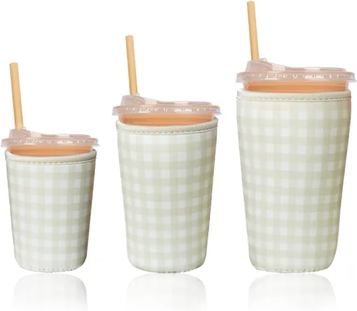 Miniatura 8 de Funda aislante reutilizable para taza de café helado, paquete de 3 fundas de neopreno para bebidas frías y calientes, soporte para bebidas para café