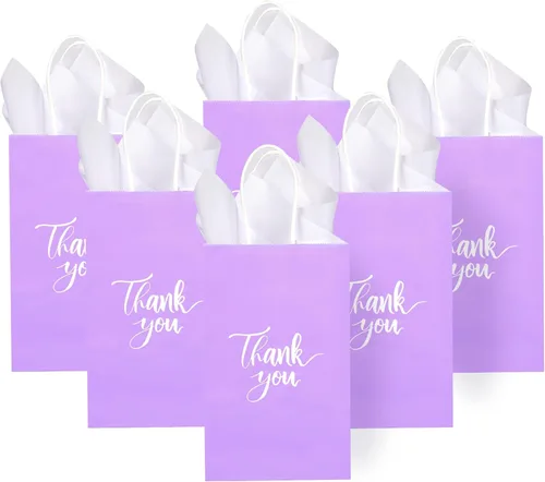 Miniatura 11 de DjinnGlory Paquete de 50 pequeñas bolsas de regalo de papel rosa con asas de 9 x 5.5 x 3.15 pulgadas y 50 papel de seda rosa para recuerdos