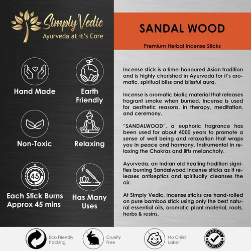 Miniatura 5 de Simply Vedic Varillas de incienso de sándalo de 8.82 oz (aproximadamente 135 varillas hechas a mano) con soporte gratuito 45 minutos de quemadura