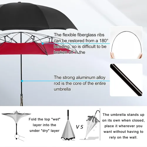 Miniatura 6 de LFLFWY Inverted Reverse Upside Down Umbrella - 49 inch AutoManual Open Large Double Canopy Design Windproof Stick Umbrellas rain Waterproof Golf