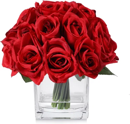 Miniatura 8 de 18 cabezas de rosas de seda en jarrón, arreglo floral artificial en jarrón con agua falsa para decoración del hogar (rosa)