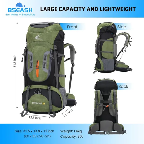 Miniatura 2 de Bseash Mochila impermeable de 80L para senderismo y camping con funda para la lluvia, ligera, para deportes al aire libre, viajes, mochila de día