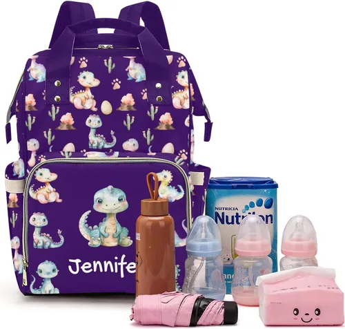 Miniatura 10 de Linda bolsa de pañales personalizada de dinosaurio tropical de gran capacidad para bebé, niño y niña, impermeable, con nombre personalizado, mochila