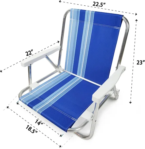 Miniatura 2 de Beachland Silla de arena plegable de aluminio de 1 posición con reposabrazos, silla de playa ligera, pequeña y portátil (paquete de 2, rayas azules)