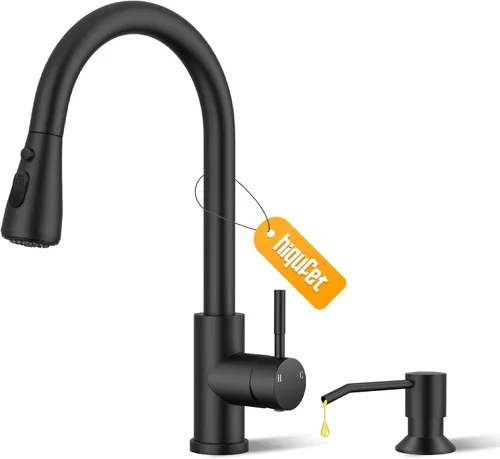 Miniatura 17 de Hiqufet Grifo de fregadero de cocina con rociador desplegable con placa de cubierta, grifo de arco alto de níquel cepillado, grifos modernos