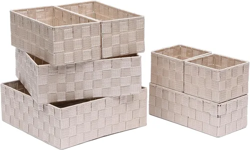 Miniatura 9 de Juego de 4 cestas de almacenamiento tejidas de polipropileno con marco de metal, cajas de tela apilables para cajones, armario, estante, guardería