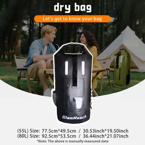 Miniatura 6 de Bolsa seca de 55 litros para hombres – Mochila impermeable resistente, mochila grande enrollable resistente a desgarros para kayak, camping, Negro