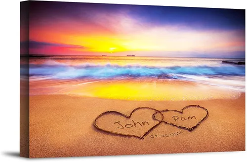 Miniatura 22 de Corazón y corazón en hermoso amanecer fotos personalizadas únicas o impresiones en lienzo con nombres de pareja y fecha especial en la playa, regalo