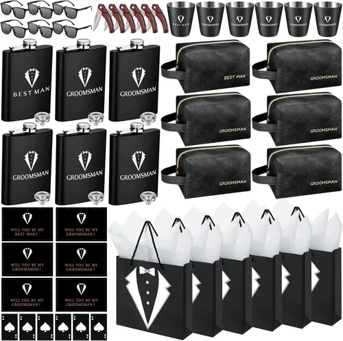 Miniatura 13 de 20 piezas de regalos para padrinos de novio, caja de propuesta con matracas, gafas de sol, bolsa de aseo de cuero PU, abridor de botellas