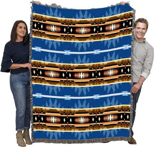 Pure Country Weavers Cimarron - Manta azul inspirada en los nativos americanos del suroeste - Tapiz de regalo tejido de algodón - Fabricado en los