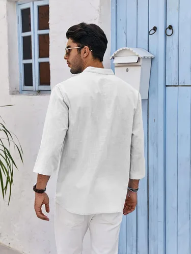 Miniatura 4 de Mens Linen Cotton Henley Shirts Lightweight Button Up Casual Tees 34 Sleeve Beach Plain Pullover V Neck Summer Tops
