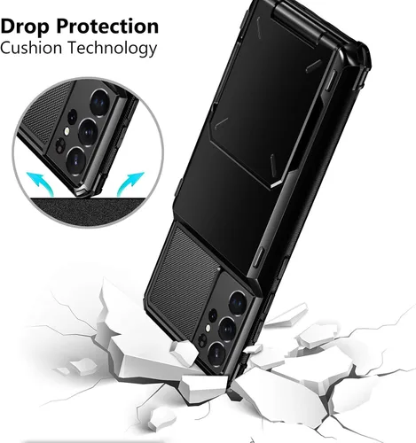 Miniatura 5 de Vofolen Funda tipo cartera para Galaxy S21 Ultra con 4 tarjetas, tarjetero con ranura para tarjeta de crédito, bolsillo trasero, doble capa, Negro