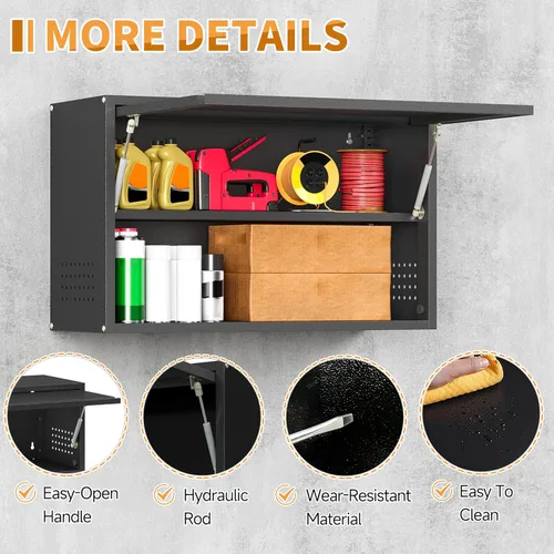 Miniatura 5 de Armario de pared de garaje de metal con puerta abatible hacia arriba, cabenit de herramientas flotante negro con estante ajustable, armarios