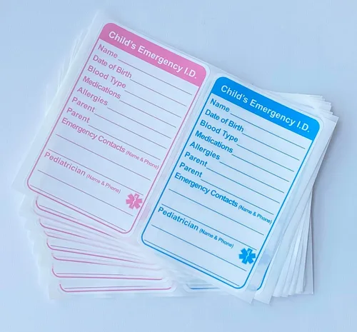 Miniatura 2 de 2.5 x 4 pulgadas, 20 unidades de calcomanías para bebés en caso de emergencia, contacto de emergencia para niños, asiento de automóvil, alerta