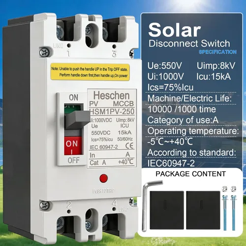 Miniatura 3 de Heschen Disyuntor de caja moldeada CC MCCB, HSM1PV-250, 2 polos, disyuntor fotovoltaico DC550V, para sistema solar fotovoltaico Sistema de red
