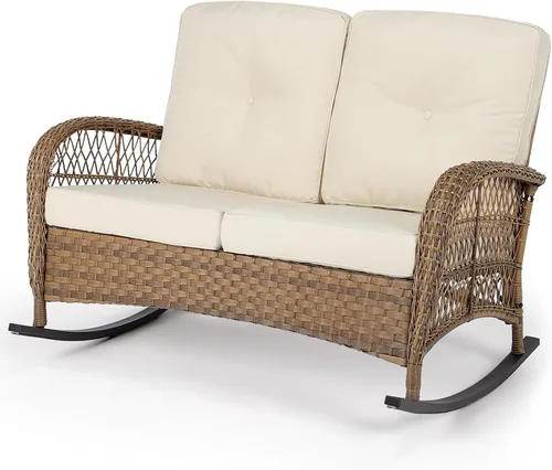 Miniatura 9 de VIVIJASON Mecedora de mimbre para exteriores, silla mecedora de ratán para patio con cojines y marco de acero, muebles de mimbre mecedores