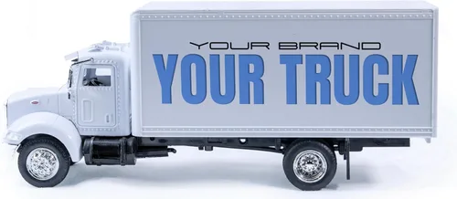 Juguete fundido a presión personalizado con remolque escala 1:43 - Camión personalizado estilo Peterbilt blanco, camión personalizado para marca y