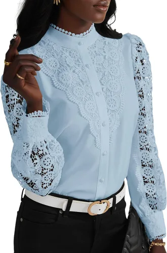Miniatura 27 de Rooscier Blusa Elegante de Encaje de Crochet con Cuello Alto Simulado de Manga Larga con Botones para Mujer Top