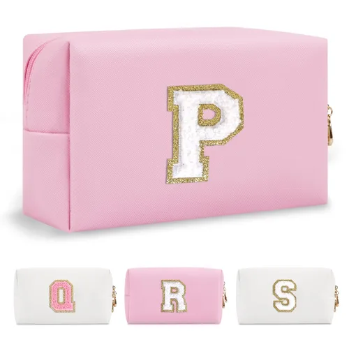 Miniatura 324 de Pequeña bolsa de maquillaje personalizada con inicial A-Z Preppy Patch, bolsa de cosméticos de viaje de felpilla blanca con cremallera, bonita bolsa