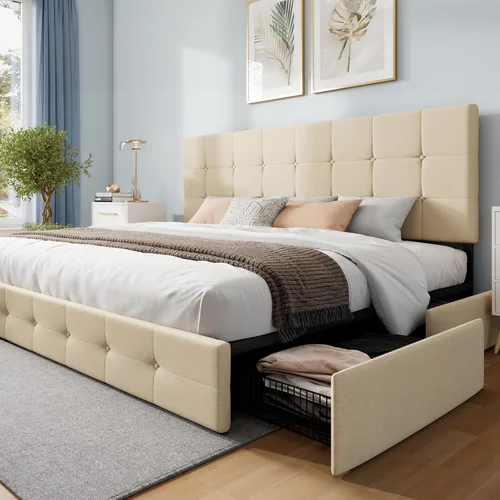 Miniatura 17 de WEEWAY Base de cama de plataforma tamaño Queen con 4 cajones de almacenamiento, cabecera capitonada con botones de puntada cuadrada, base de colchón