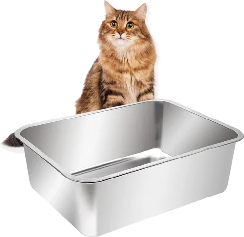 Miniatura 7 de Kichwit Caja de arena para gatos de acero inoxidable, bandeja de arena para gatitos, bandeja de arena de metal para gatos, superficie lisa