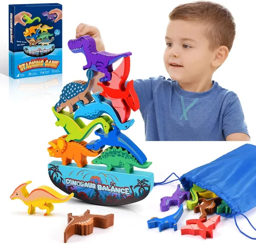 IPOURUP Juguetes de dinosaurio para niños de 3 a 5: juguetes Montessori apilables de madera para niños de 3, 4, 5, 6, 7, 8 años, regalos de