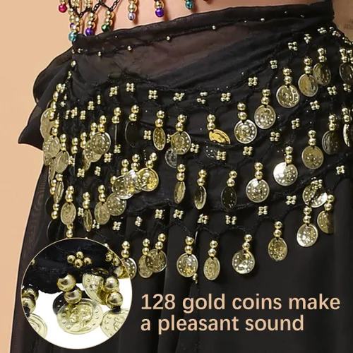 Miniatura 5 de Bufandas para la cadera de danza del vientre, faldas onduladas para mujer, envueltas con 128 monedas de oro, 11