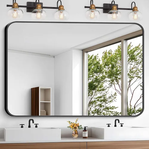 Miniatura 14 de Espejo de baño de 18 x 24 pulgadas con marco de metal negro rectangular, espejo de tocador rectangular de esquinas redondeadas, espejo de pared