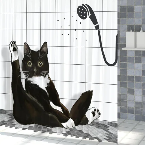 Cortina de ducha de gato negro, divertido gatito lindo a cuadros, lavable a máquina, impermeable, tela duradera para decoración de baño, bañera con