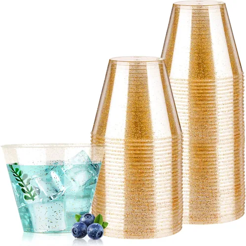 Miniatura 11 de Goodluck 100 vasos de plástico con purpurina dorada de 9 onzas, vasos desechables con purpurina, elegantes vasos de cóctel de plástico, vasos