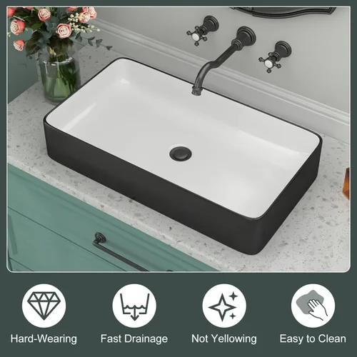 Miniatura 5 de Fregadero de baño de porcelana de cerámica rectangular de 24 x 14 pulgadas sobre mostrador, lavabo de arte blanco y negro