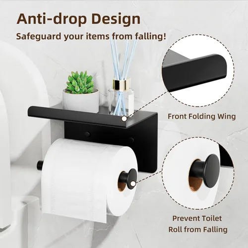 Miniatura 5 de Soporte de papel higiénico adhesivo con estante para teléfono, soporte de papel higiénico montado en la pared, soporte de rollo de papel higiénico
