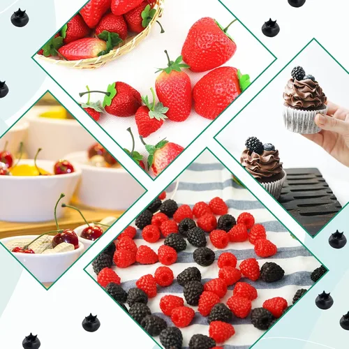 Miniatura 4 de 52 piezas de frutas artificiales falsas, incluye fresas falsas, arándanos falsos, frambuesas falsas, cerezas falsas, reutilizables, impermeables