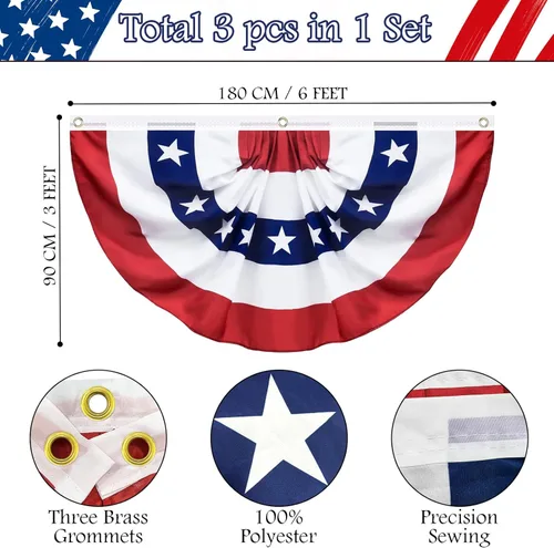 Miniatura 2 de SURCVIO Paquete de 3 banderas estadounidenses de 3 x 6 pies, decoración patriótica de medio abanico para decoración del 4 de julio, Día