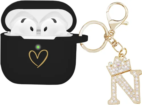 Miniatura 15 de Compatible con AirPods 4 Cover 2024, funda de silicona suave con patrón de corazón dorado para 4ª generación, llavero de letra A-Z con diamantes