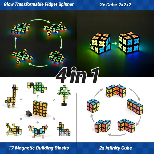 Miniatura 6 de TOSY Spinner Fidget Magnético que Brilla - 16 Bloques, Juguete 3 en 1: Spinner Fidget Transformable, Cubo Infinito/Rompecabezas, Brillante, Rellenos