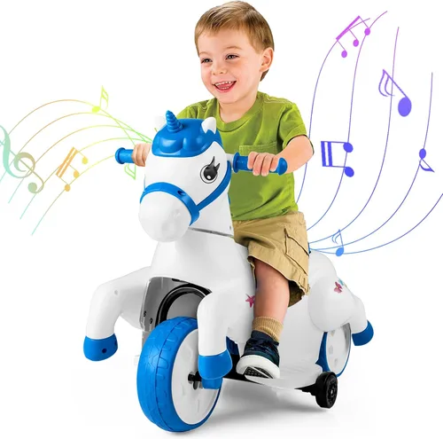 HONEY JOY 12V Unicorn Ride en Juguetes, Caballo de Paseo Motorizado de 3 Ruedas con Batería, con Ruedas de Entrenamiento, Música, Subida y Bajada,