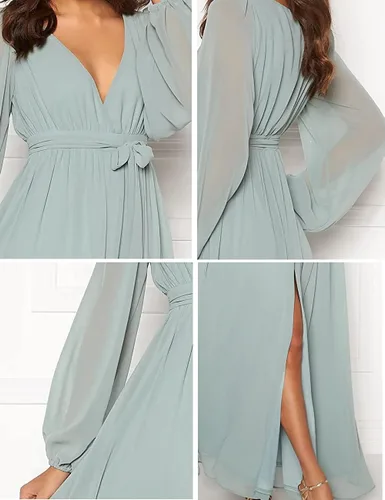 Miniatura 5 de SOLODISH Vestido de dama de honor de manga larga para mujer con abertura de gasa, vestido formal de noche