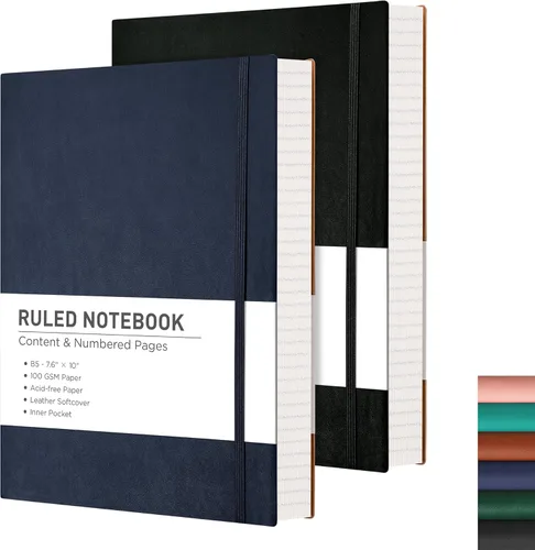Miniatura 10 de RETTACY Cuaderno rayado, 2 paquetes, 204 páginas numeradas por paquete, B5 mediano 17.6 x 25 cm, tapa blanda de cuero, papel grueso de 100 g/m²