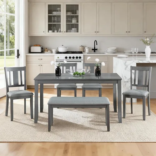 Miniatura 8 de Elegante juego de mesa de comedor de madera de 6 piezas con 4 sillas de respaldo de listones y un banco, juego de mesa de comedor de cocina para 6