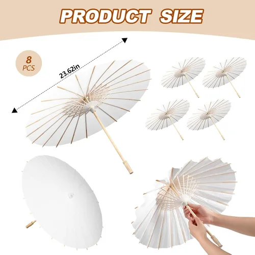 Miniatura 2 de Sanwuta 8 Pcs 23.6 Inch Paper Umbrella Chinese Japanese Handmade Oil Paper Parasol DIY for Wedding Bridal Party Photo Props