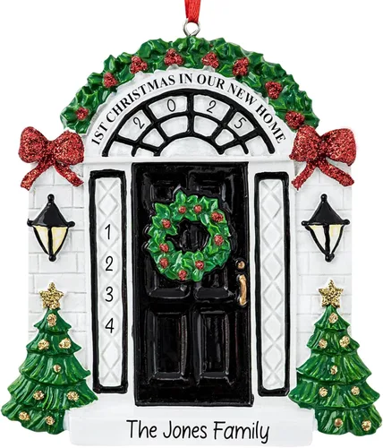 Adorno de Navidad personalizado para el nuevo hogar 2026 | Puerta negra con cinta de purpurina recuerdo único para el árbol de Navidad – Primer año