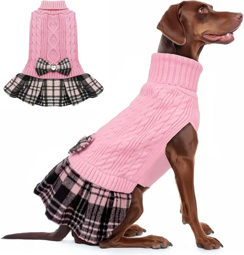 Miniatura 24 de KYEESE Suéter de punto grueso para perro, vestido de suéter para mascotas con corbatín, abrigos elásticos para mascotas, suéter suave para perros