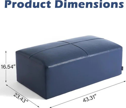 Miniatura 2 de Otomana rectangular de piel auténtica, mesa de centro otomana con botones y patas, taburete tapizado para sala de estar, dormitorio, entrada, Azul