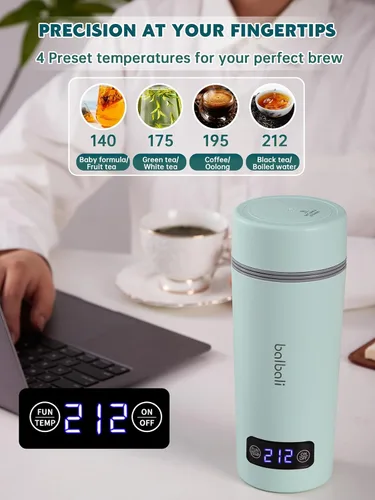Miniatura 3 de balbali Hervidor de viaje de doble voltaje 100-250 V – Hervidor de agua portátil de 12 onzas/calentador/calentador para agua hirviendo – Hervidor