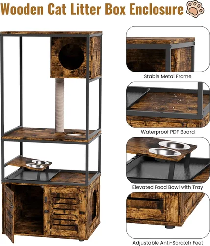 Miniatura 8 de Lamerge Árbol para gatos con caja de arena, caja de arena grande todo en 1, condominio para gatos con postes rascadores y cuenco de alimentación