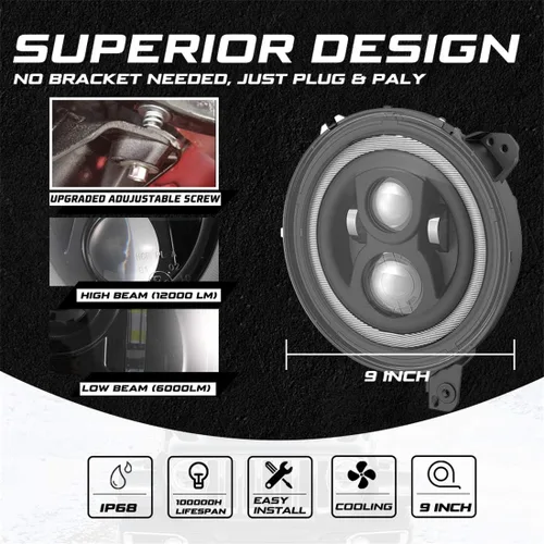 Miniatura 4 de KIWI MASTER - Faros delanteros LED redondos de 9.0 pulgadas para Jeep Wrangler JL 2018 2019, Modelo2