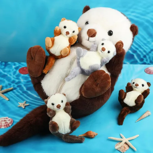 Miniatura 5 de Shappy 5 Piezas Animales de Peluche de Nutria Marina Grande Mamá Nutria Marina de Peluche con 4 Lindos Bebés en su Vientre con Cremallera Peluches